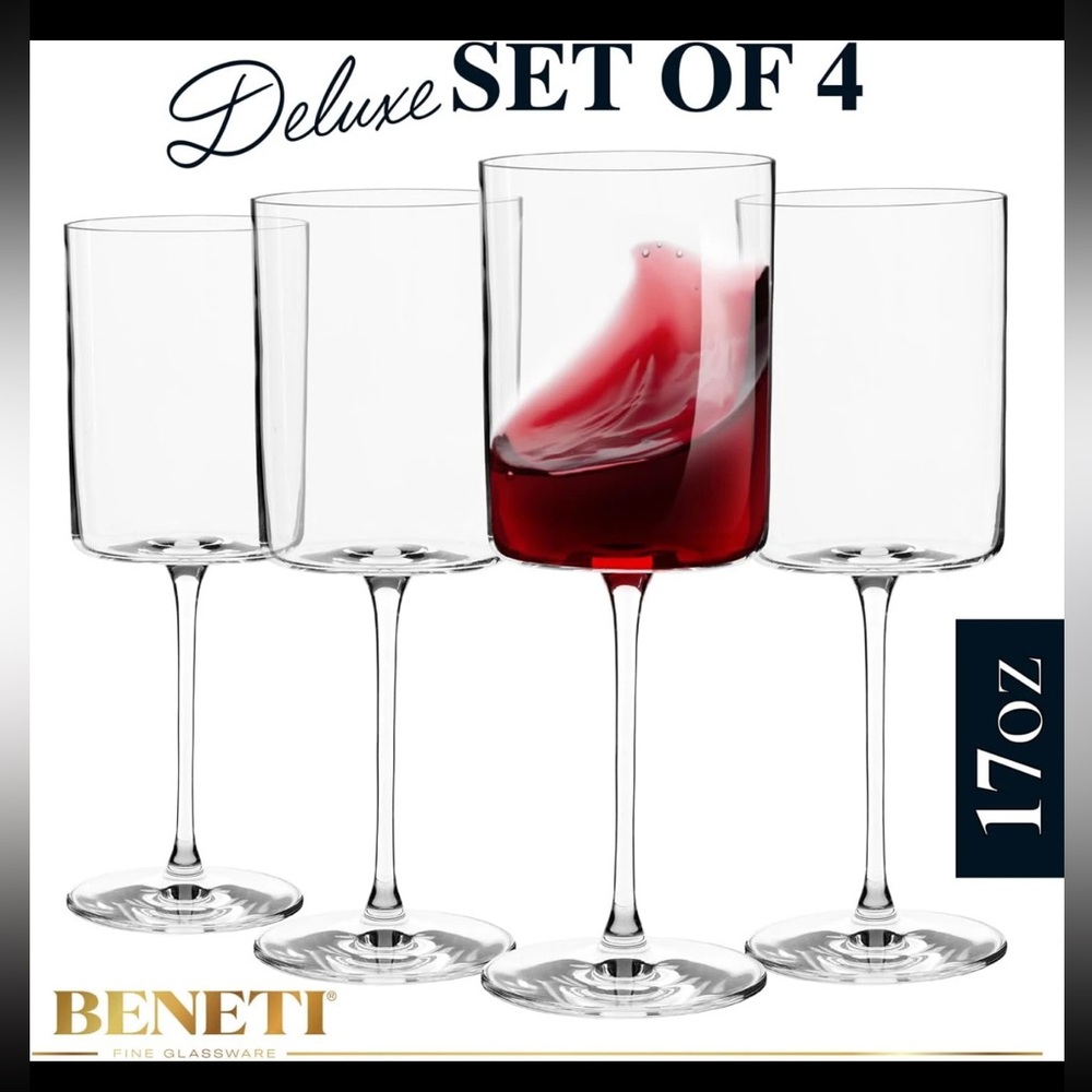 Set of 4 modern NIB UNUSED Beneti fine glassware 17oz wine glasses / goblets